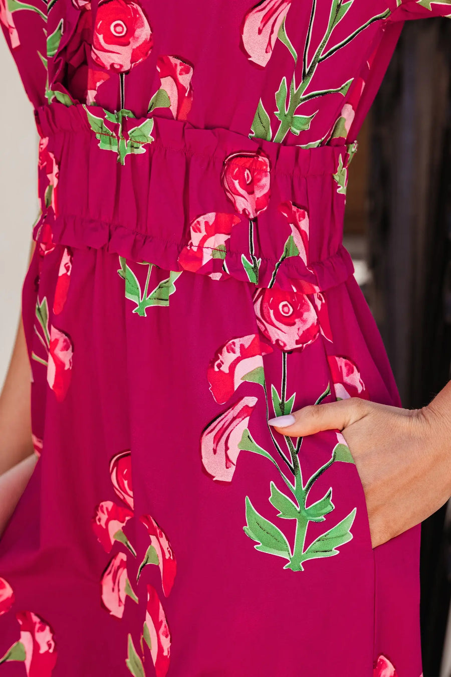Red Floral Frilled V Neck Short Sleeve Ruffle Hem Maxi Dress Women UK — lifestyle view