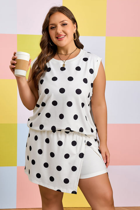 Plus size polka dot tank and split skort set women UK - front full outfit view