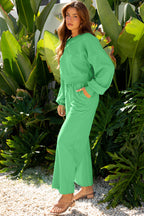 Side view of green Drop Crop Wide-Leg Pants Set with pockets, perfect for casual fall outfits and effortless daily wear.