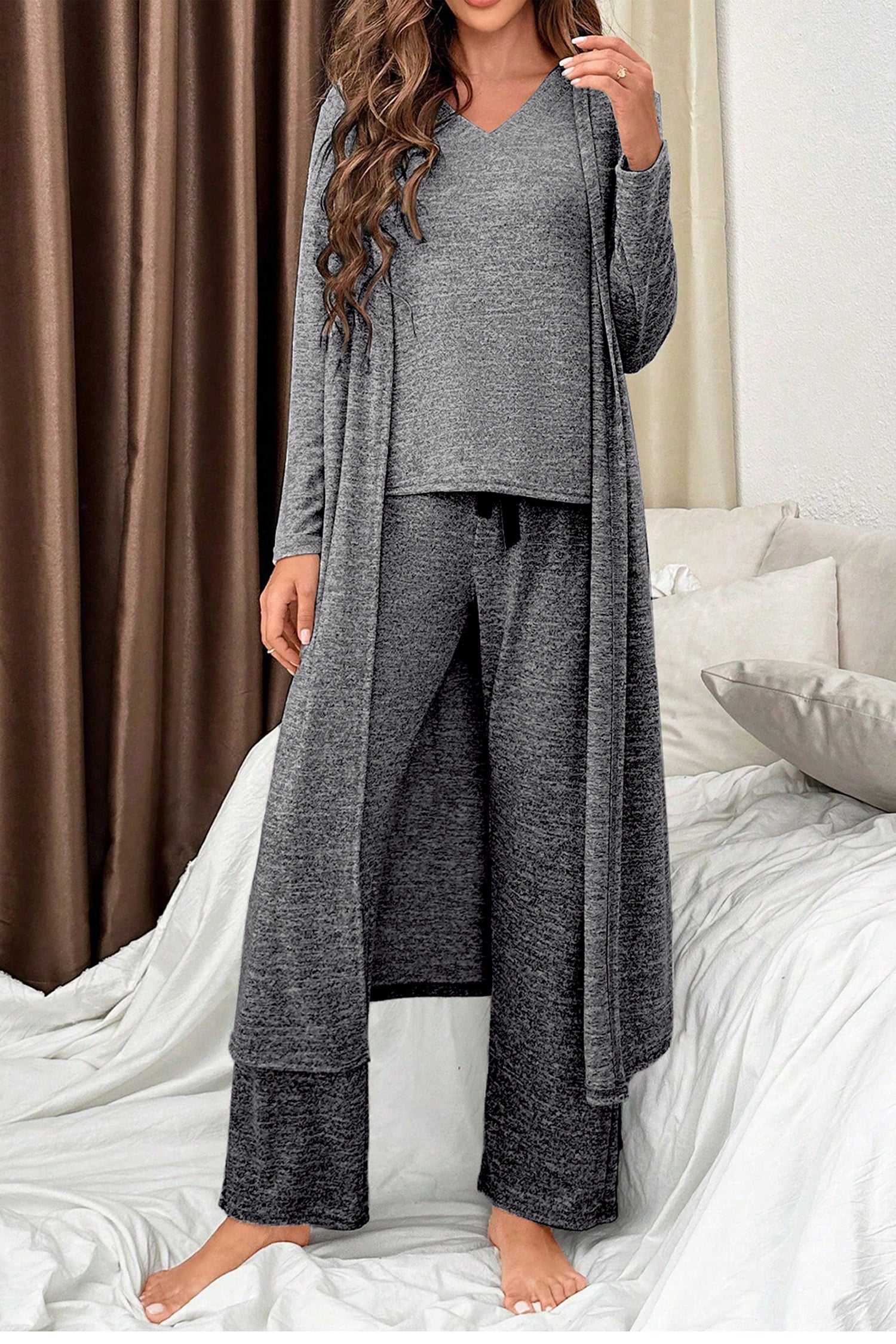 Heather Mauve Duster Lounge Trio in charcoal grey with V-neck top, long duster, and wide-leg pants, styled for cosy and elegant homewear.