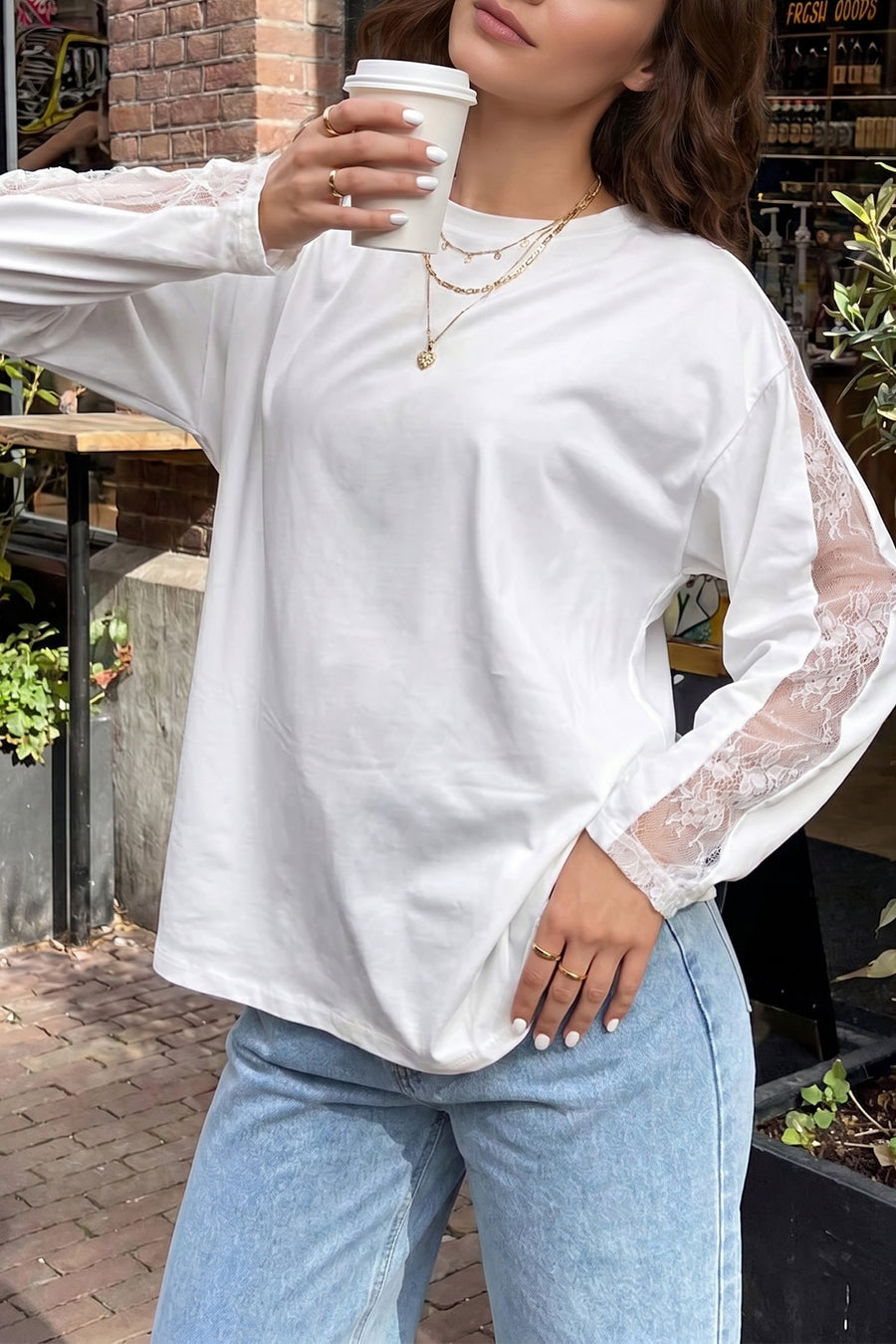 Sheer Lace Splicing Long Sleeve Shift Top — side view showing lace panel splicing and flowing shift shape — Fashionfitz