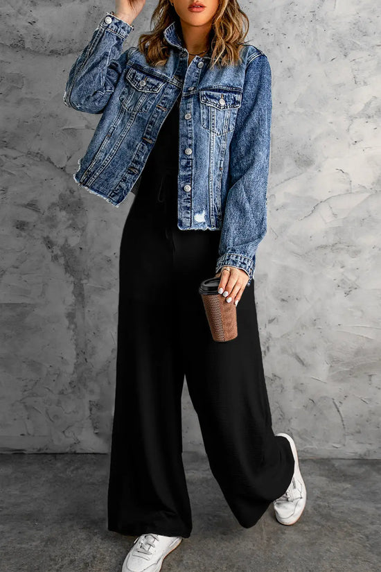 Black solid spaghetti strap wide leg high waist