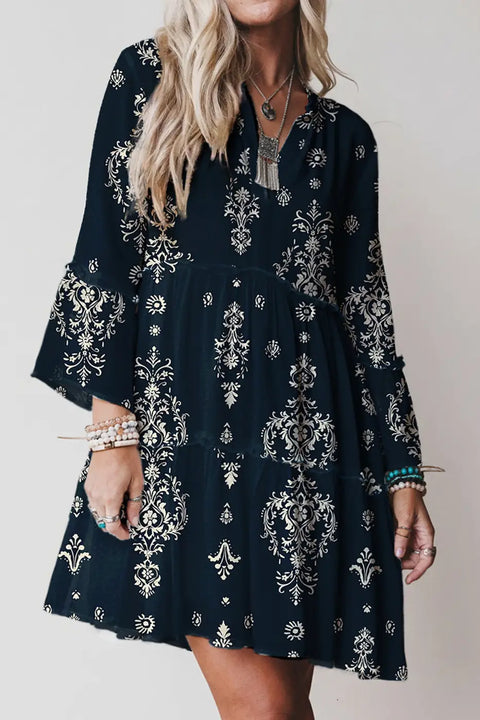 Blue boho floral print mini dress women | v-neck 3/4 sleeve resort