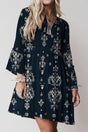 Blue boho floral print mini dress women | v-neck 3/4 sleeve resort