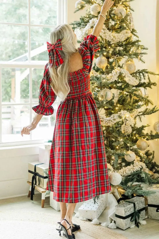 Red green tartan plaid flared midi dress dresses