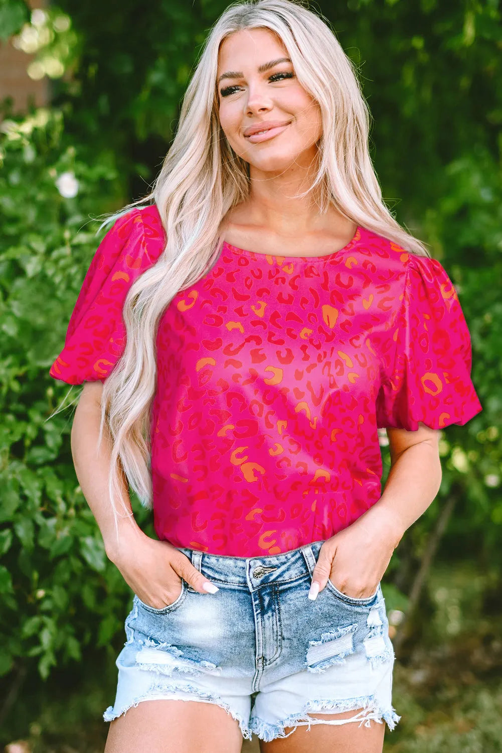 Rose Leopard Printed Puff Sleeve Top - Fashionfitz
