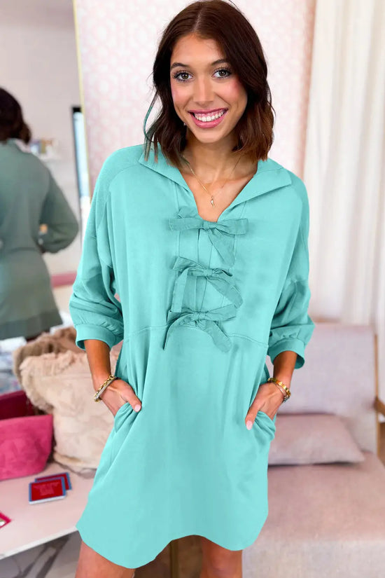 Moonlight jade bow front sleeve shift mini dress
