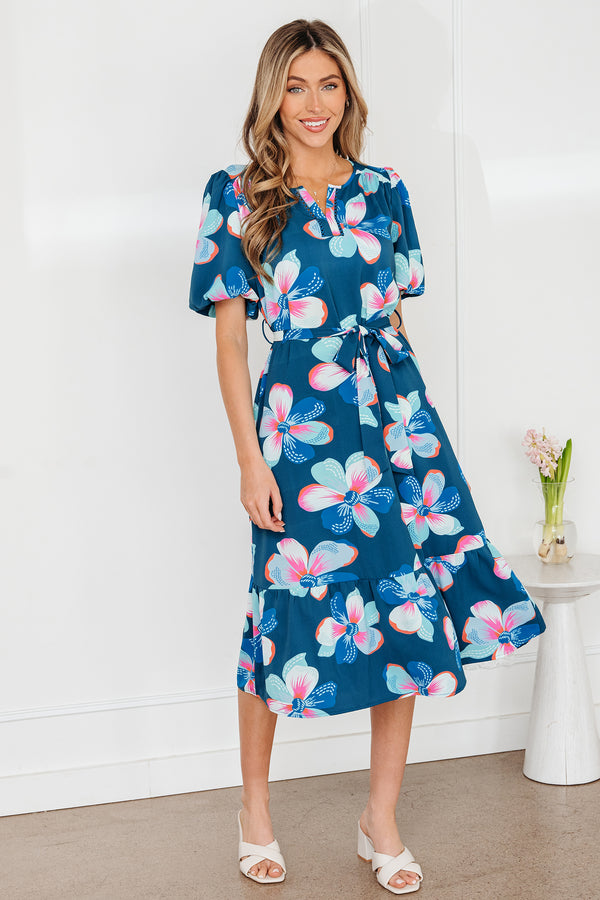 Blue floral puff sleeve ruffle hem belted maxi dress women UK front view