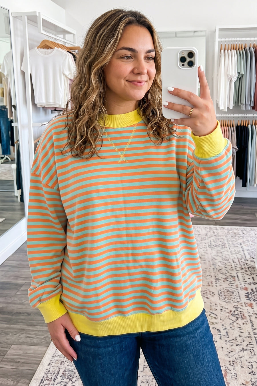 Orange tunic plus size sweatshirt — side view showing tunic length