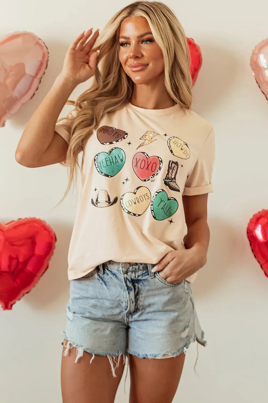 Khaki Western Fashion Valentine Graphic T-Shirt Women UK