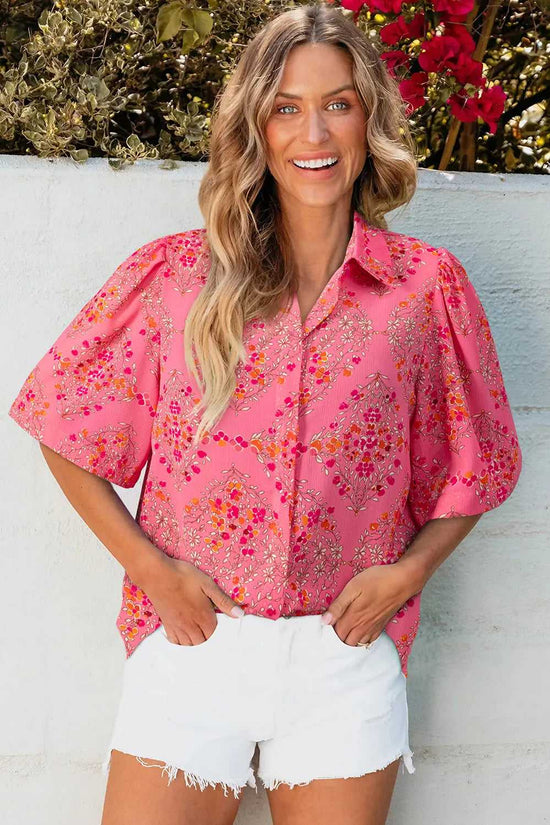 Rose Red Floral Loose Shirt - Fashionfitz