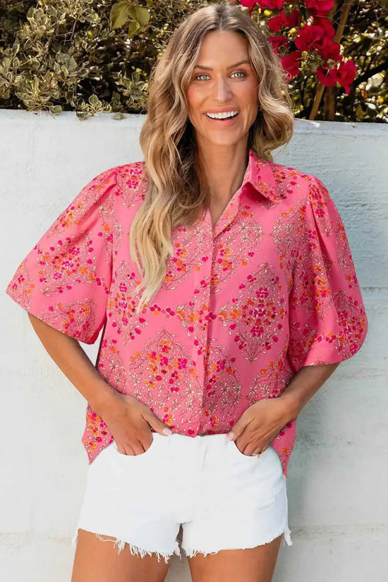 Rose Red Floral Loose Shirt - Fashionfitz