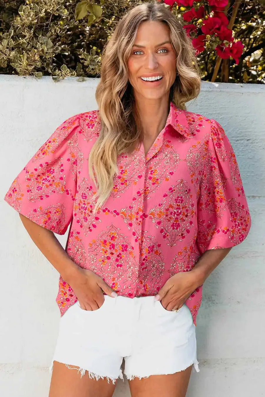 Side view of Floral Loose Button-Front Shirt Collar Blouse showing flowing loose fit and vibrant rose red print — Fashionfitz