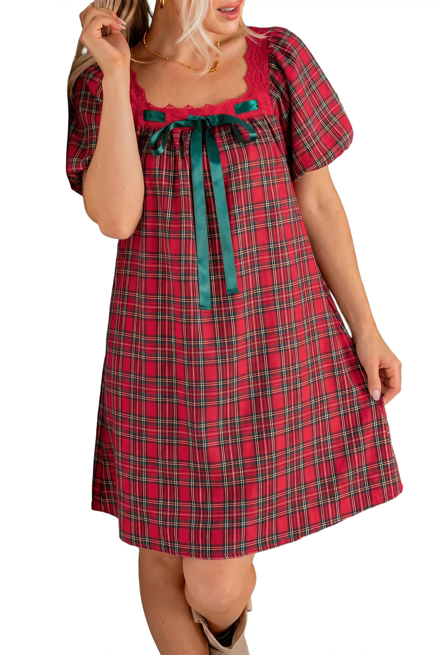 Red Plaid Square Collar Lace Trim Shift Mini Dress Women UK
