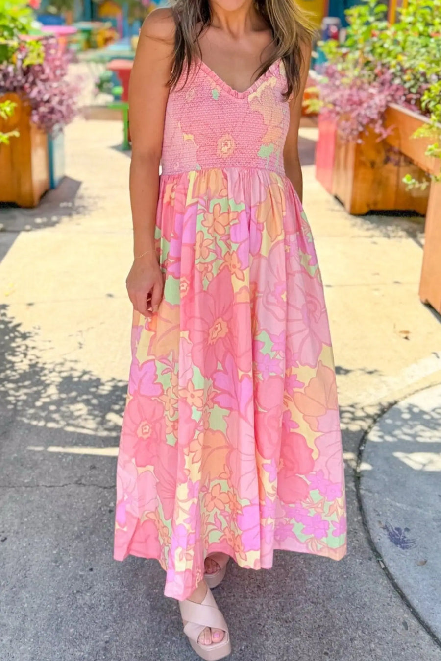 Pink Spaghetti Straps Floral Shirred High Waist Dress — back view | Fashionfitz UK