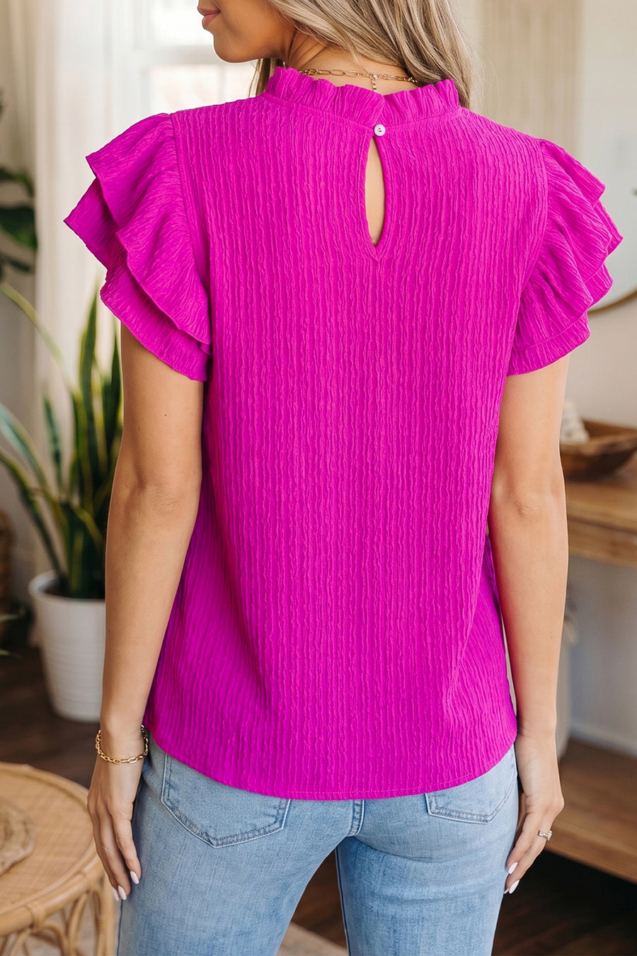Black Textured Ruffle Trim Short Sleeve Blouse Women UK