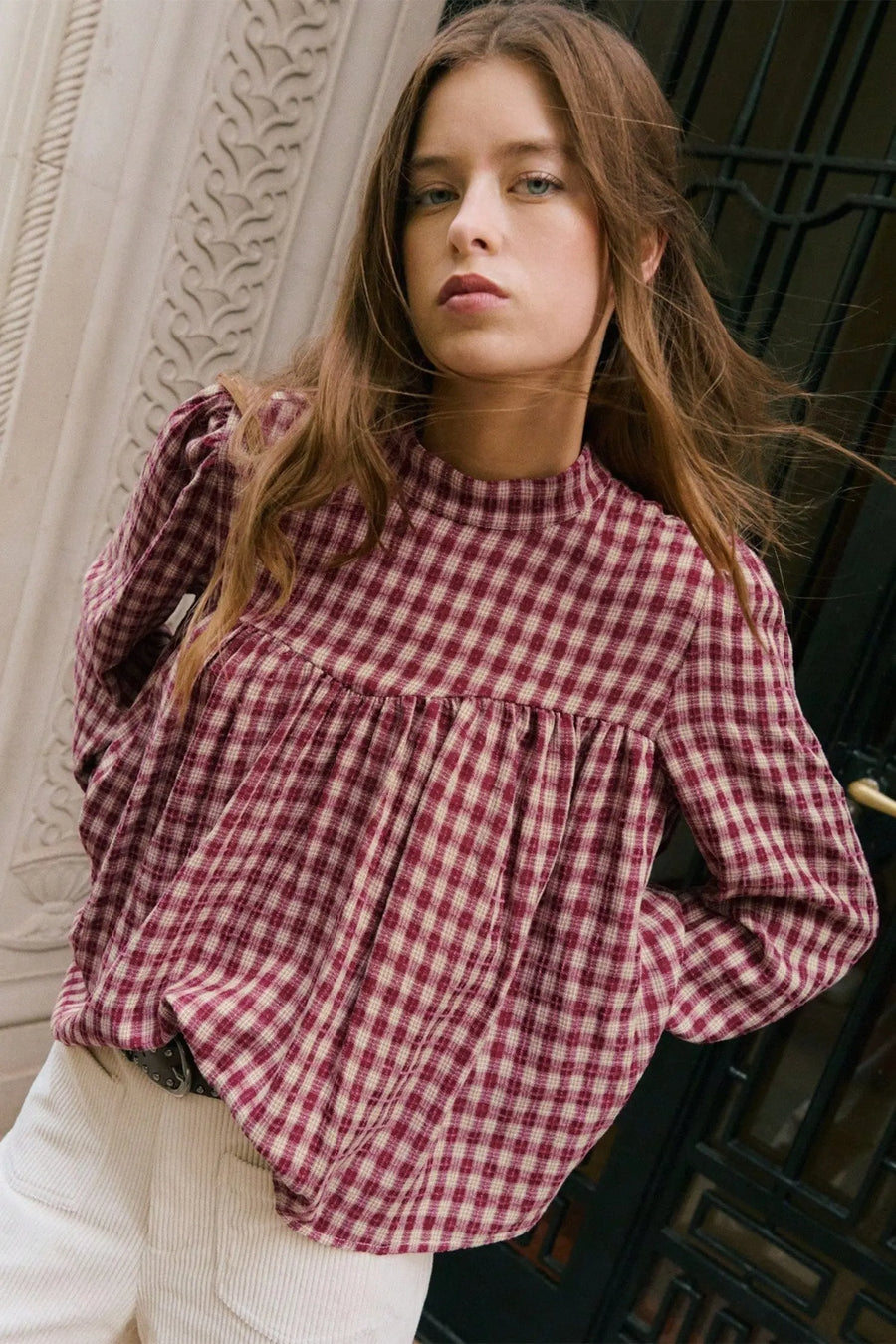 Coral plaid pleated loose blouse side view — Fashionfitz UK