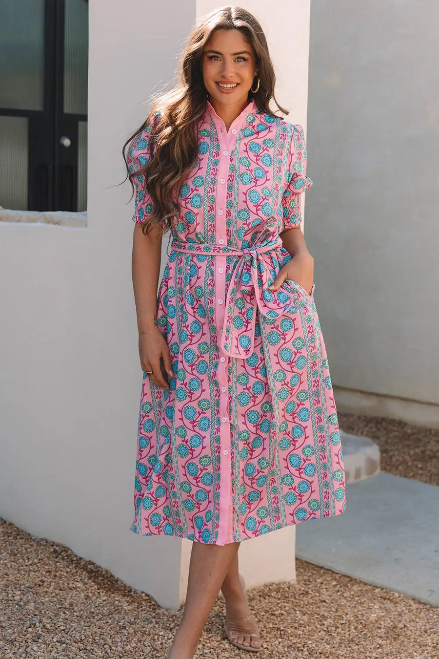 Pink Floral Shirred Puff Sleeve Buttoned Midi Dress Women UK