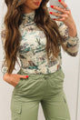 Green Western Print Long Sleeve Round Neck Slim Top