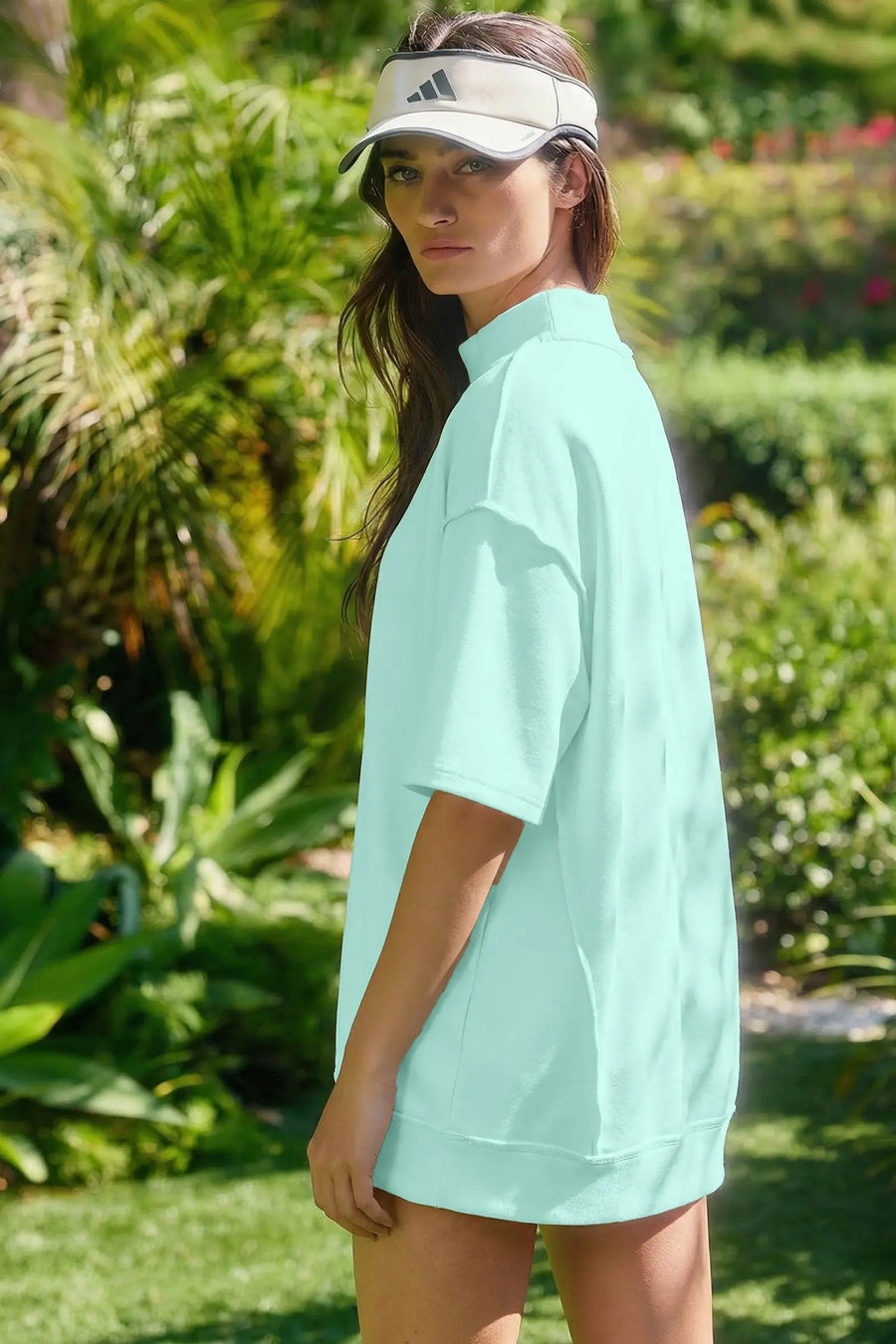 Exposed seam mock neck oversized tee shorts two piece set pockets outfit sets