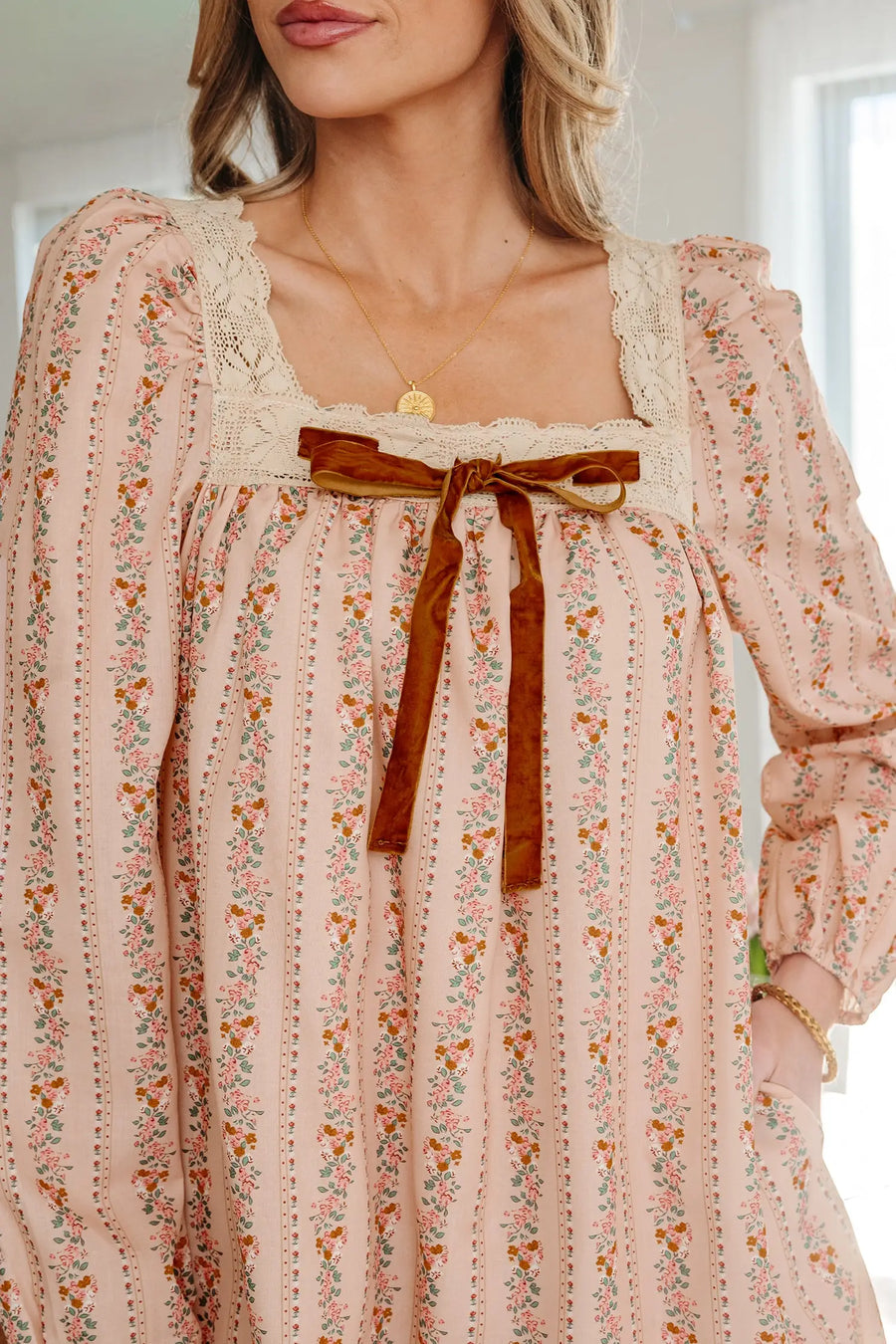 Khaki Floral Velvet Bow Lace Patchwork Long Sleeve Mini Dress Women UK — close-up detail
