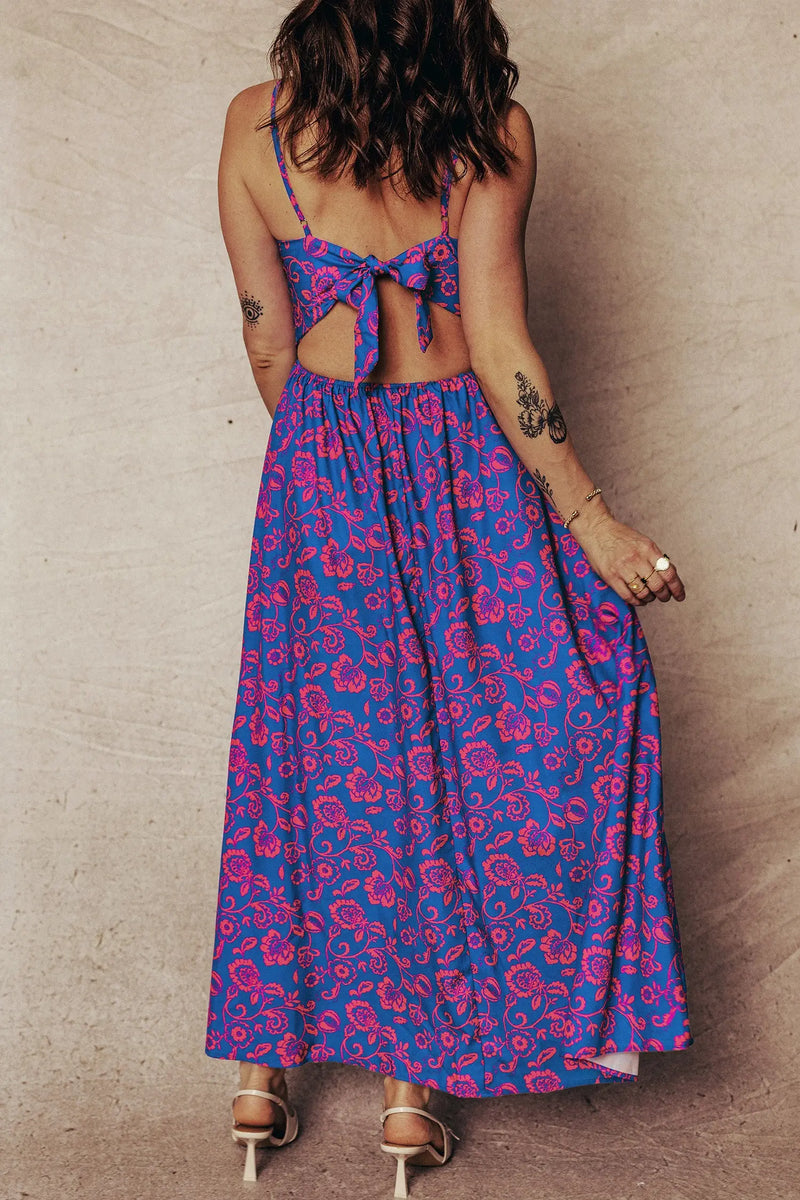 Blue Floral Twisted V Neck Tied Backless Maxi Dress Women UK — back view