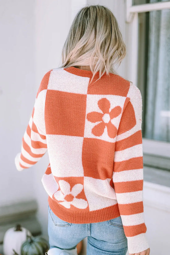 Side view of mixed print sweater showing striped sleeves and checkered body Fashionfitz UK