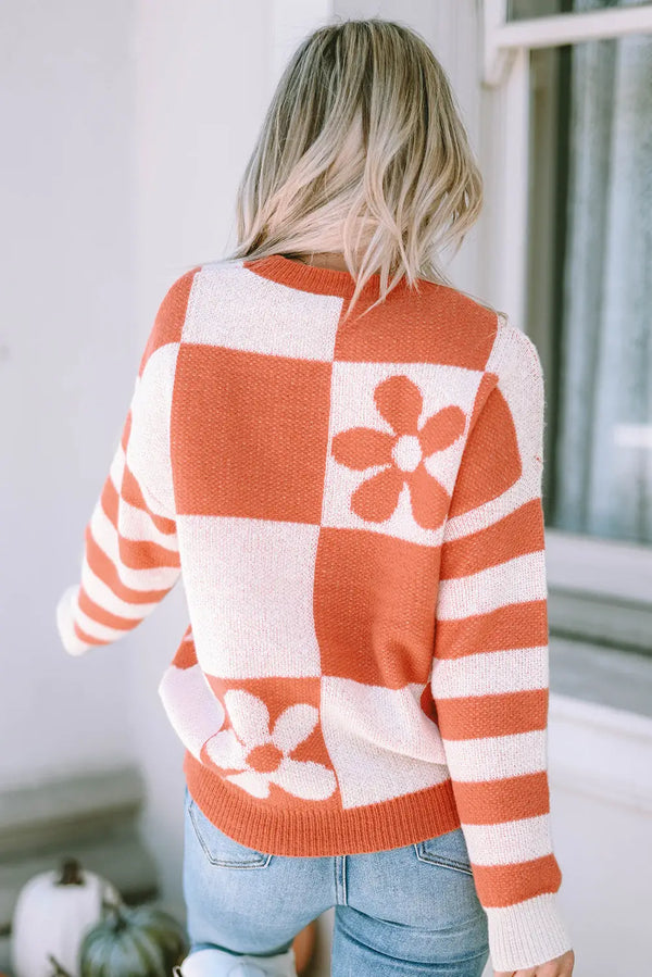 Checkered floral striped sleeve sweater back view — Fashionfitz UK