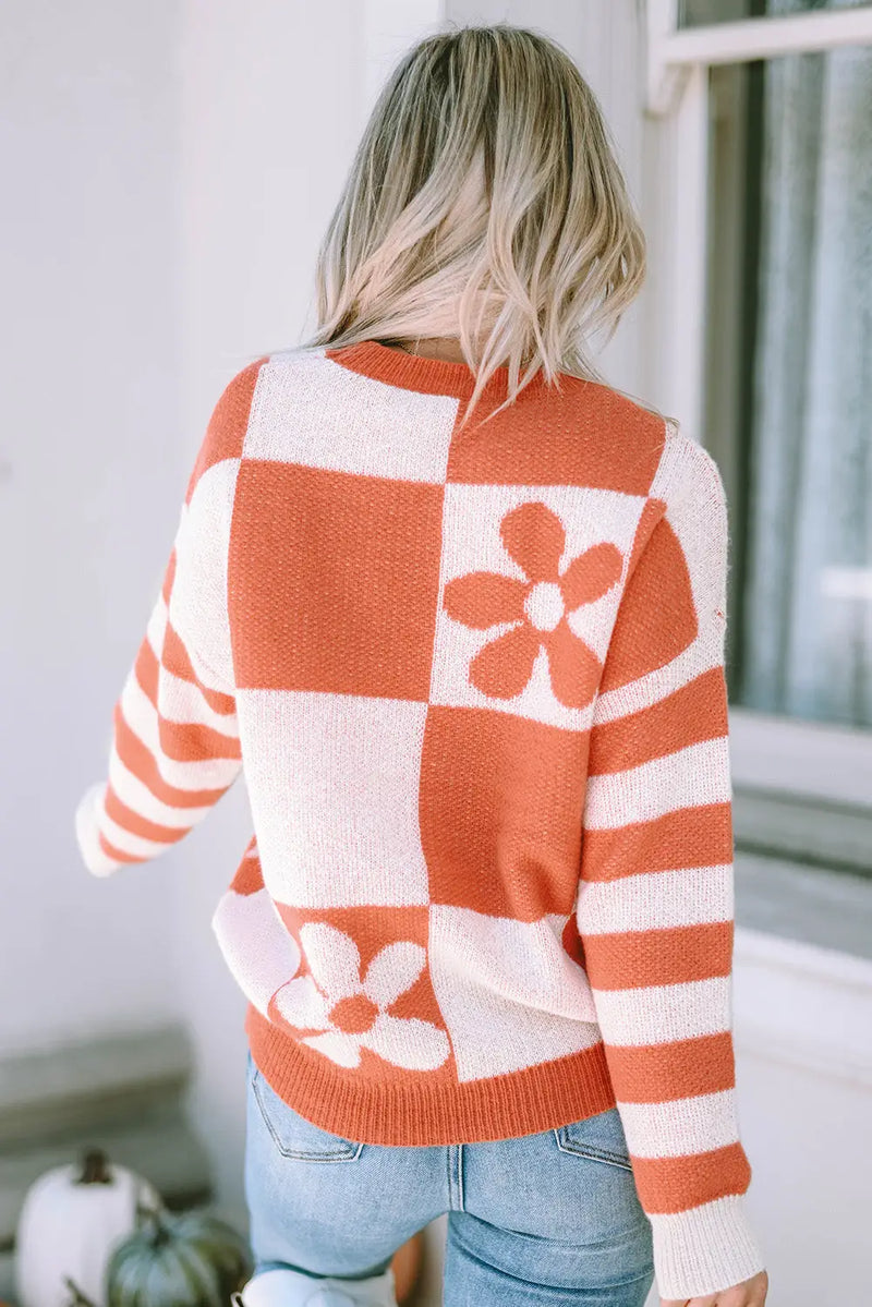 Side view of mixed print sweater showing striped sleeves and checkered body Fashionfitz UK