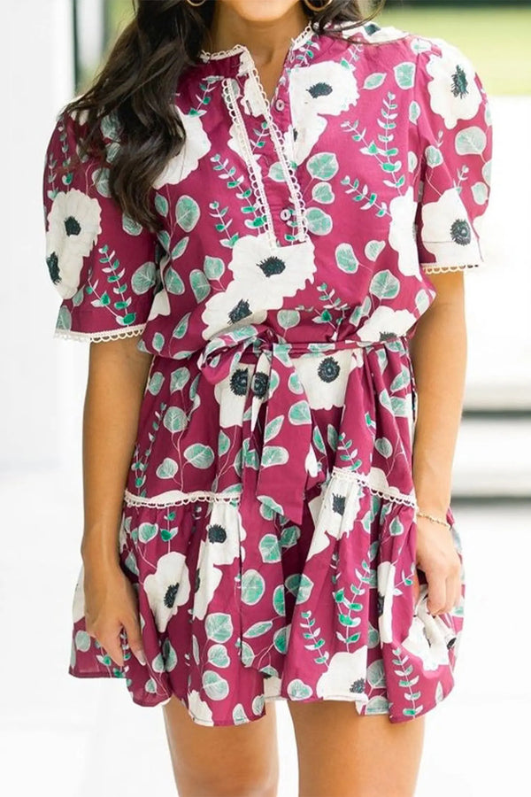 Red Floral Trimmed Puff Sleeve Belted Mini Dress Women UK — back view
