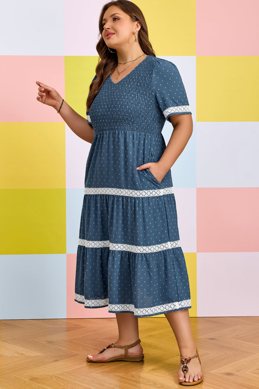 Plus Size Swiss Dot Lace Patchwork Flared Midi Dress Women UK