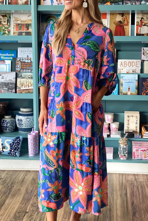 Blue Floral 3/4 Sleeve V Neck Tiered Maxi Dress Women UK