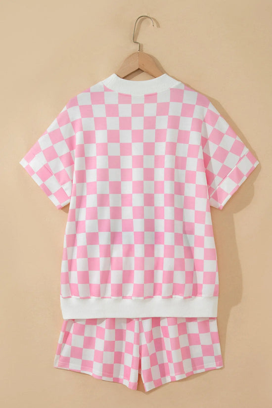 Checkered colour block trim mock neck short set outfit sets