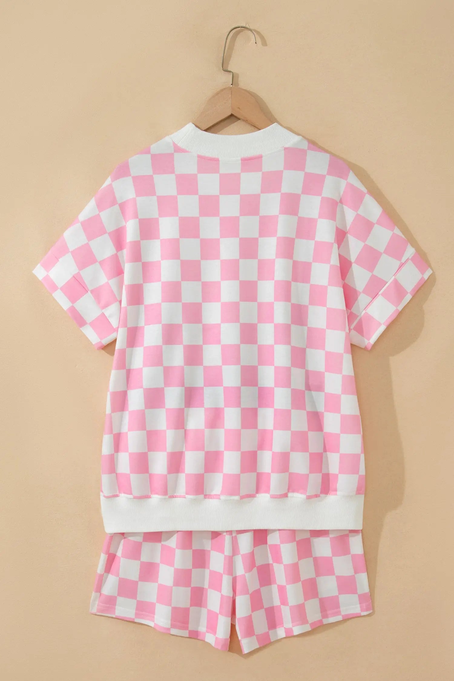Checkered colour block trim mock neck short set outfit sets