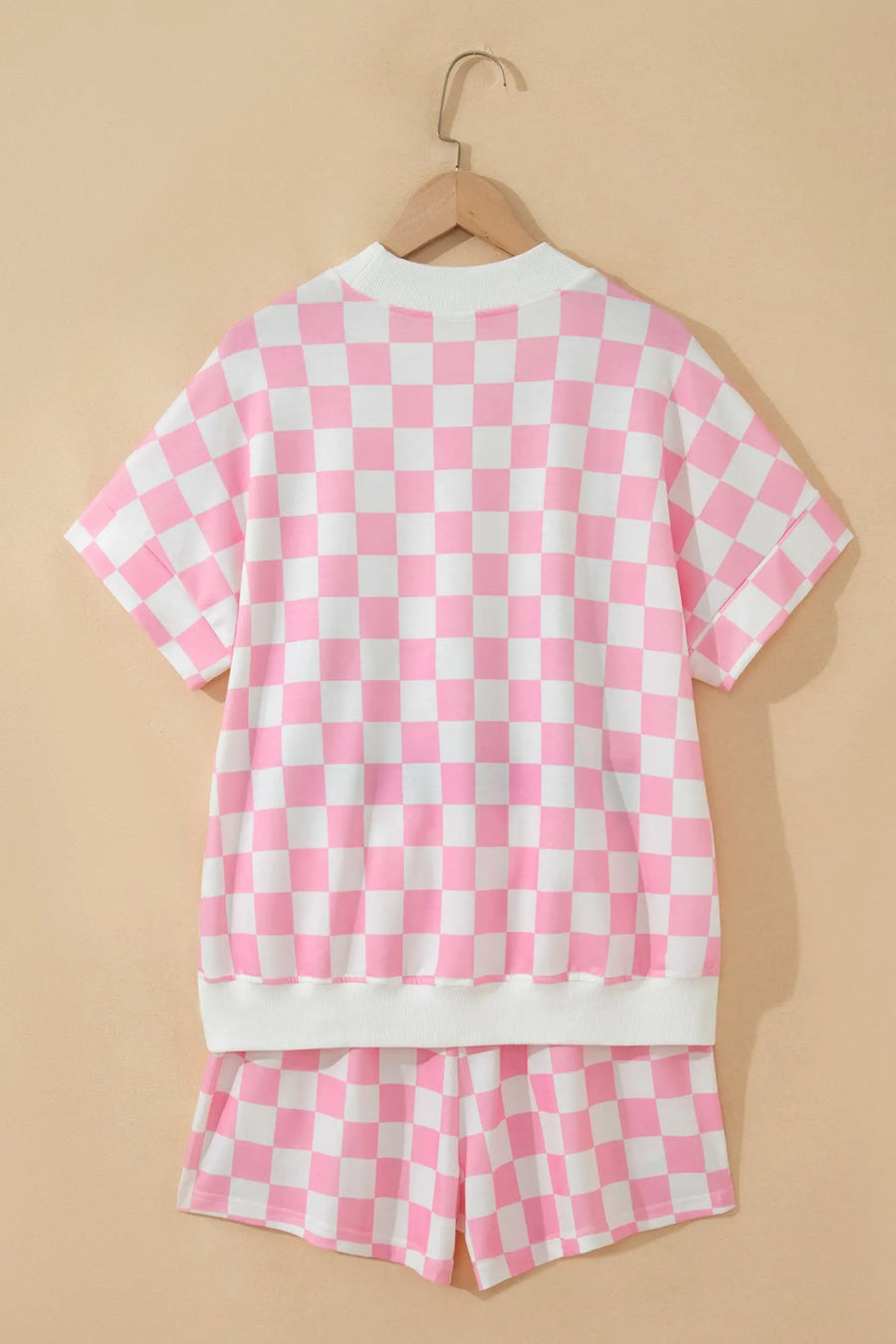 Checkered colour block trim mock neck short set outfit sets
