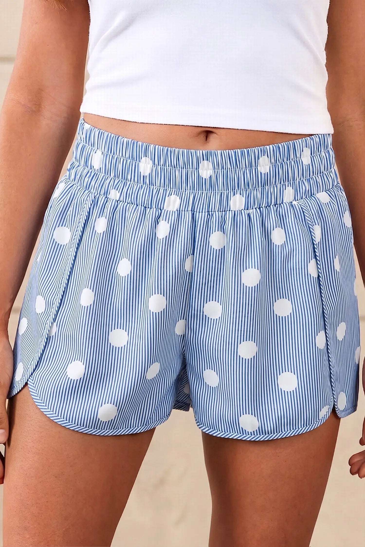 Women's polka dot print shirred high waist casual shorts front view