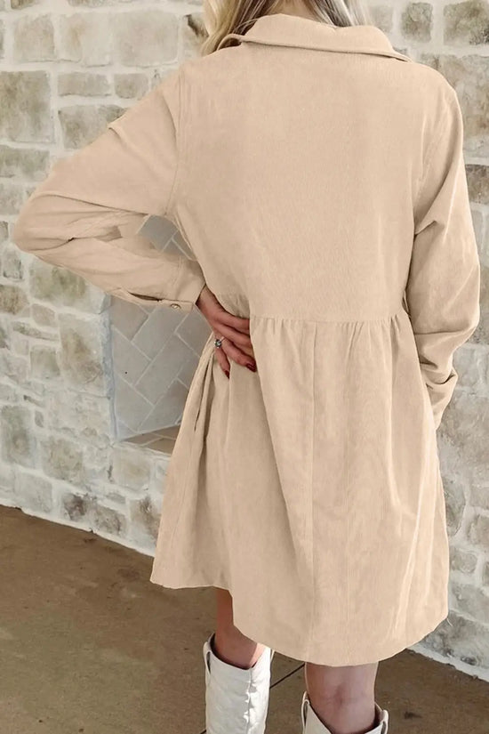 Corduroy mini dress half button collar long sleeve a-line women uk | fashionfitz