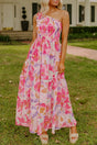 Pink Abstract Floral Shirred One Shoulder Maxi Dress Women UK