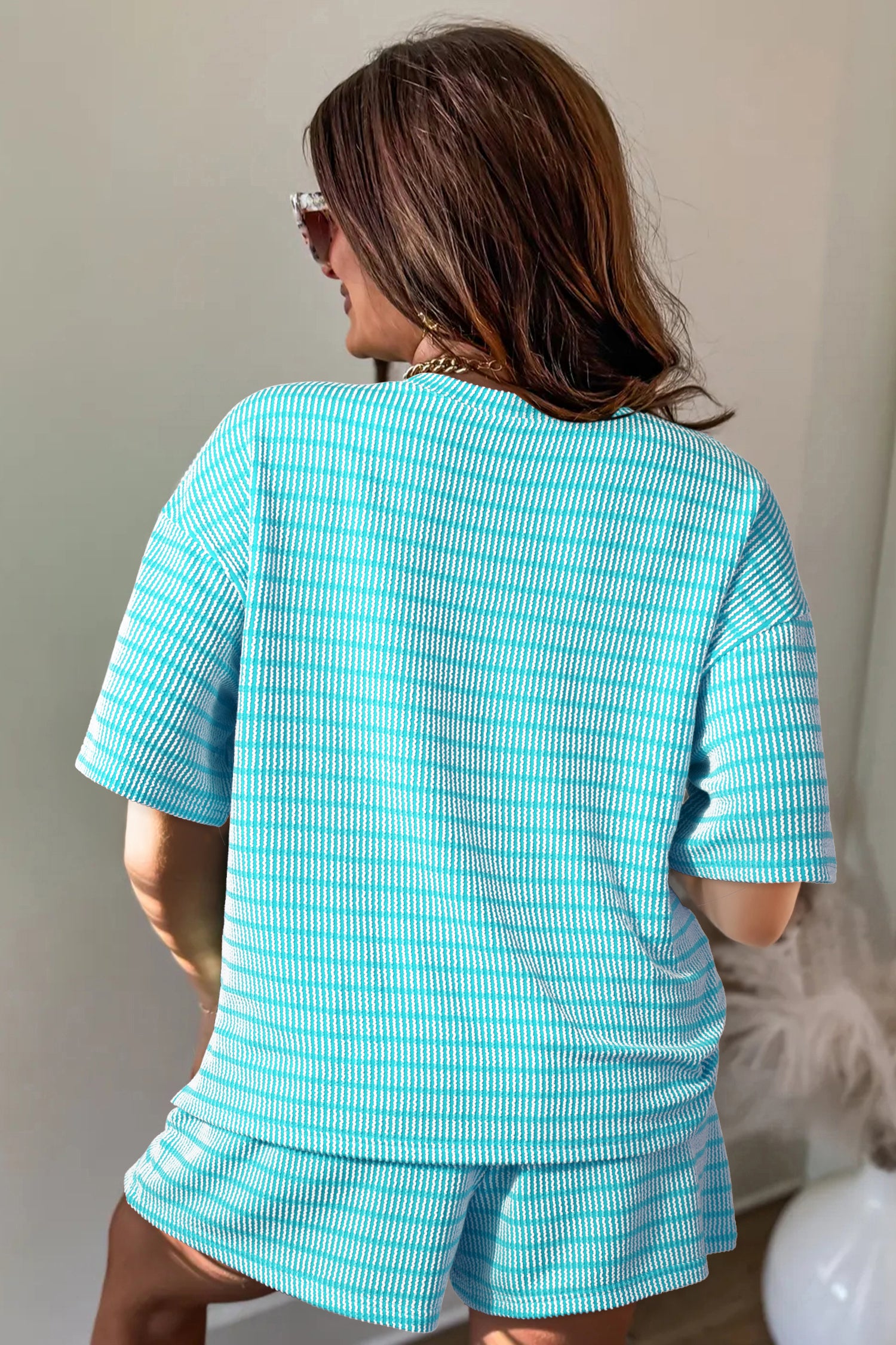 Stripe Raised Rib Loose Tee & Drawstring Elastic Waist Shorts Set
