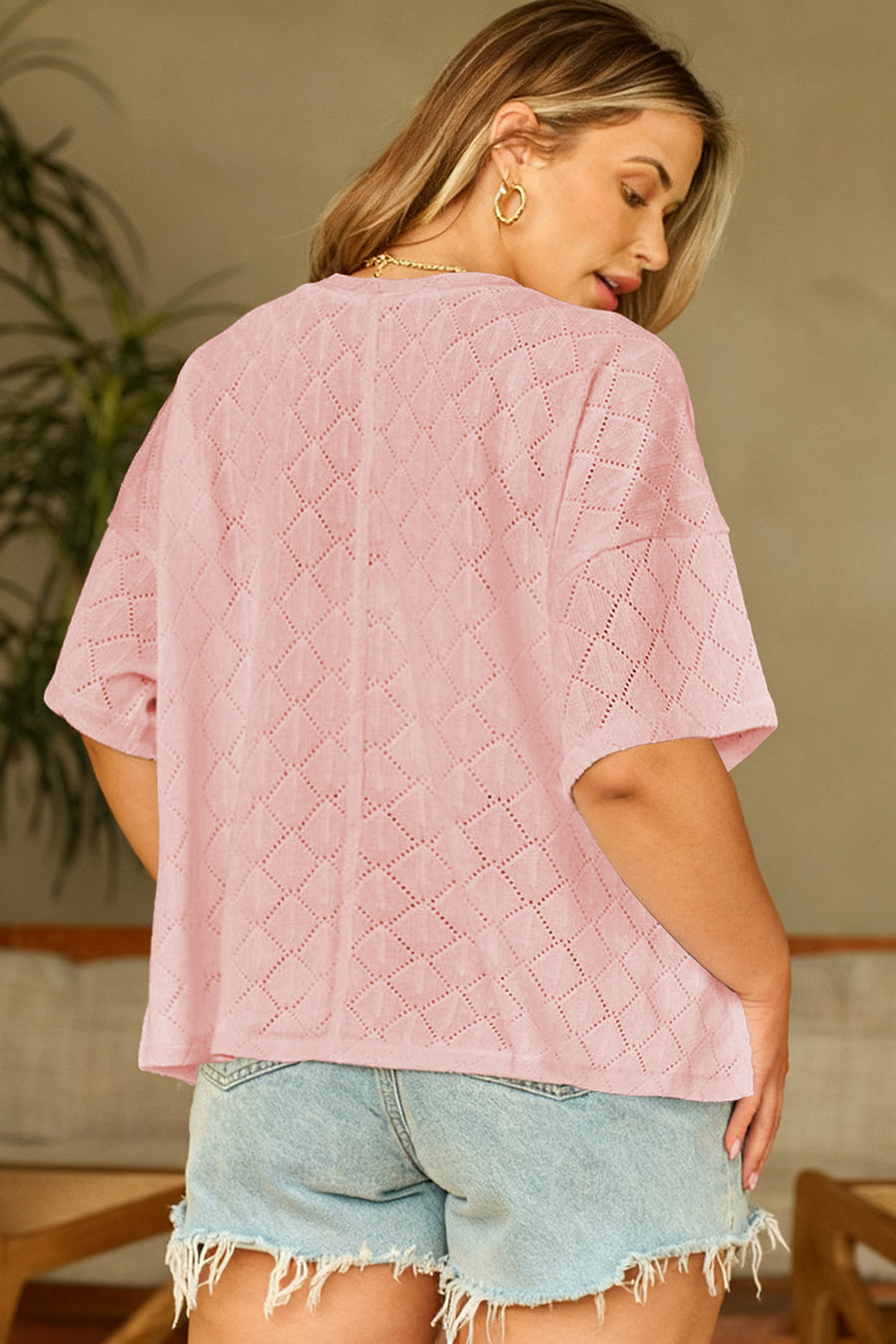 Pointelle Rhombus Knit V Neck Loose Plus Size Top Women UK