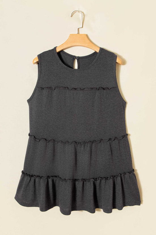 Dark grey tiered frill tank top for women on hanger, showcasing A-line silhouette and solid color design.