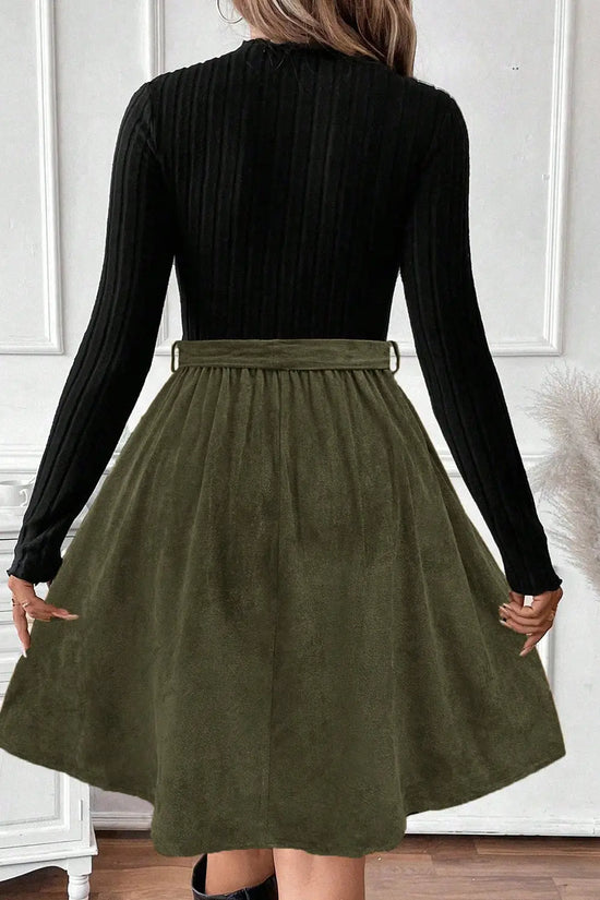 Black ribbed knit slim patchwork belted mini dress
