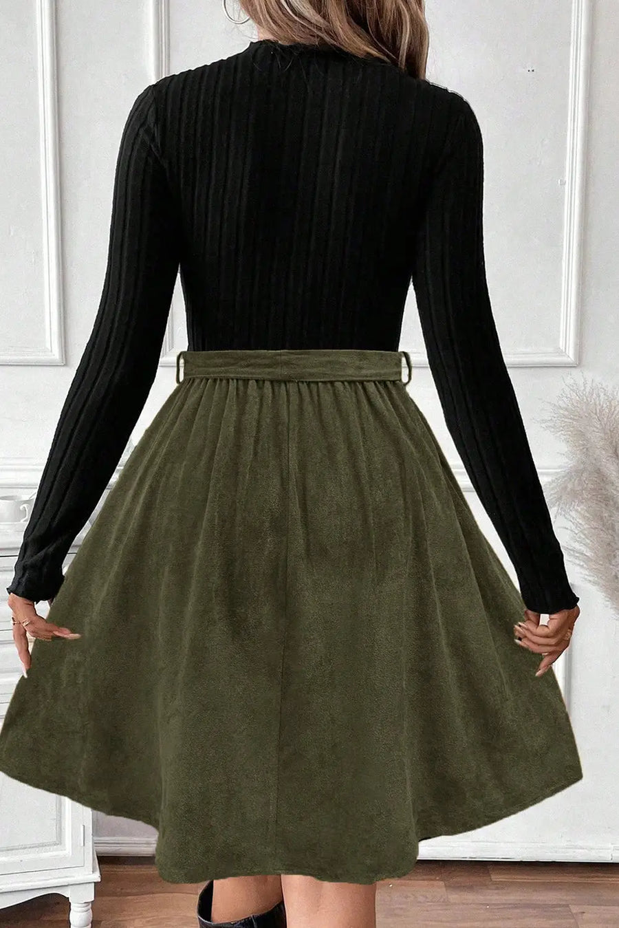Black ribbed knit slim patchwork belted mini dress