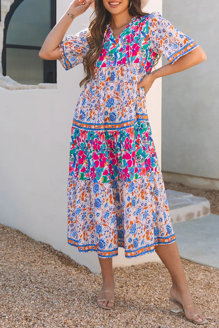 Sky Blue Mixed Floral Tie Split Neck Short Sleeve Dress Women UK