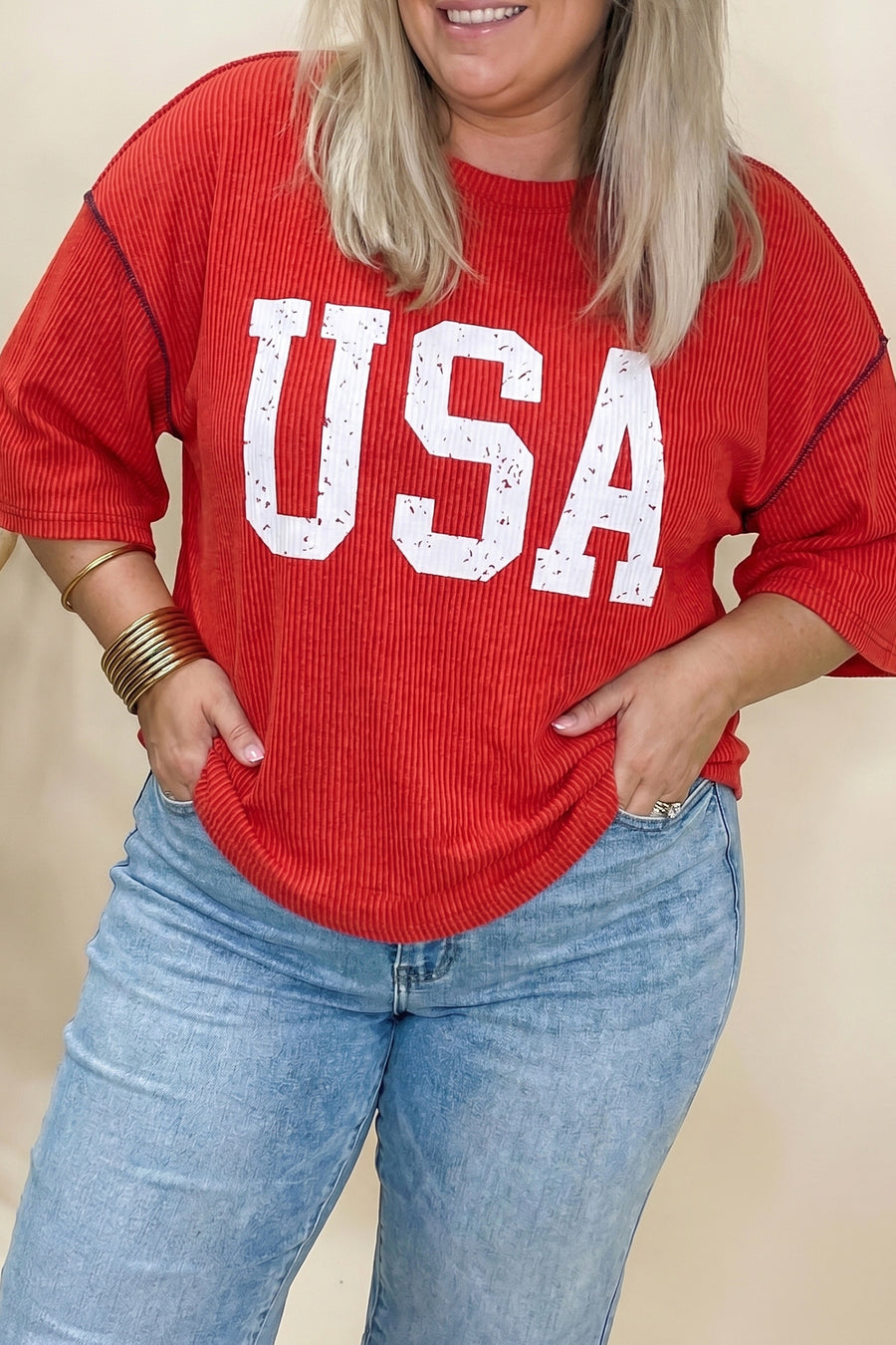 Twisted Rib Vintage USA Letter Printed Plus Size T-Shirt Women UK