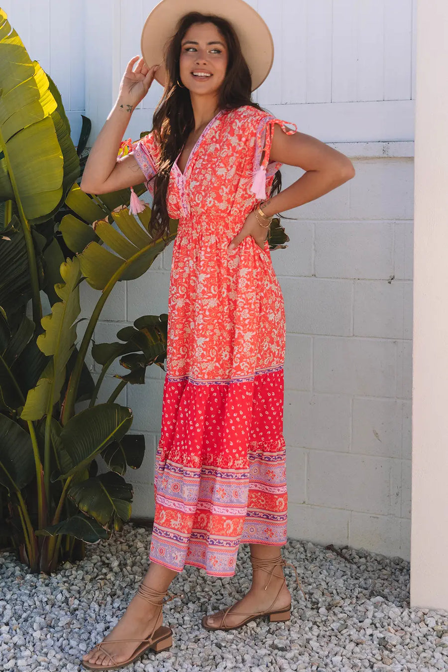 Red Floral Tasseled Tied Sleeve Empire Waist Maxi Dress Women UK
