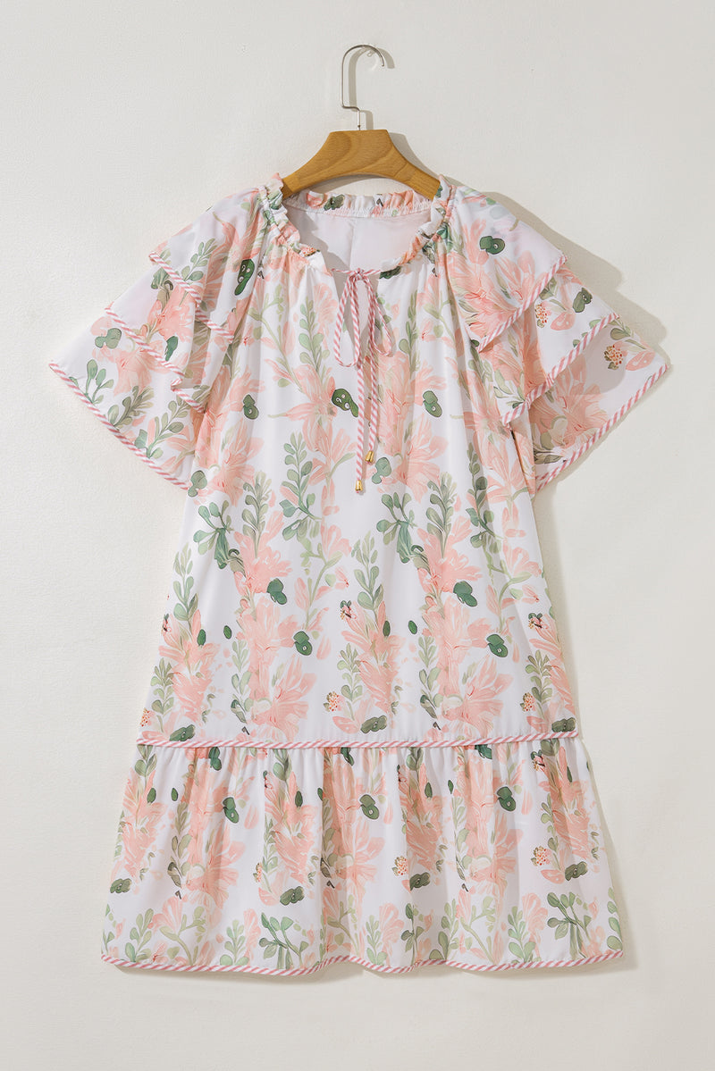 Pink Plus Size Floral Print Striped Detail Short Dress Women UK