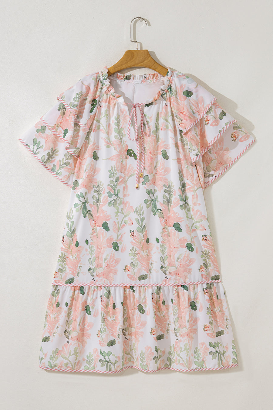 Pink Plus Size Floral Print Striped Detail Short Dress Women UK