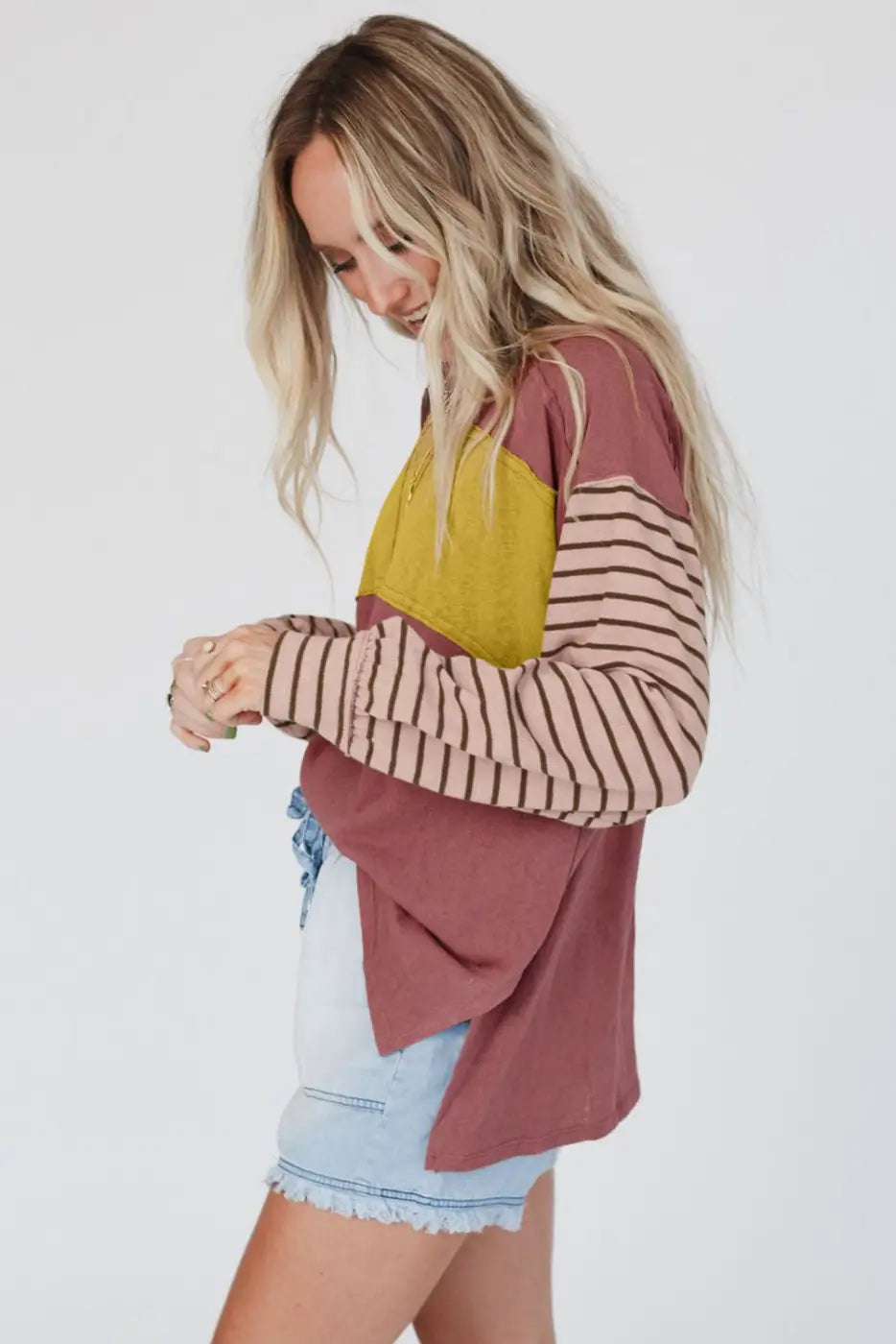 Green colorblock bishop sleeve top - striped casual chic