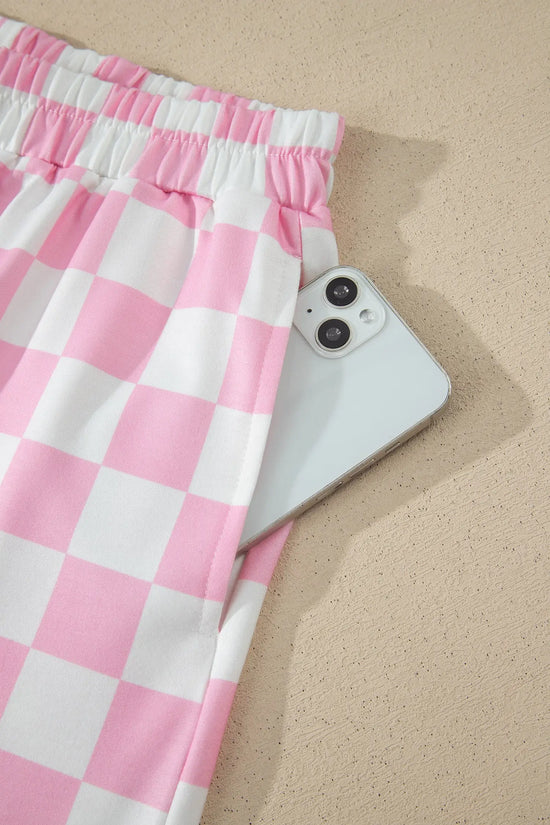 Checkered colour block trim mock neck short set outfit sets